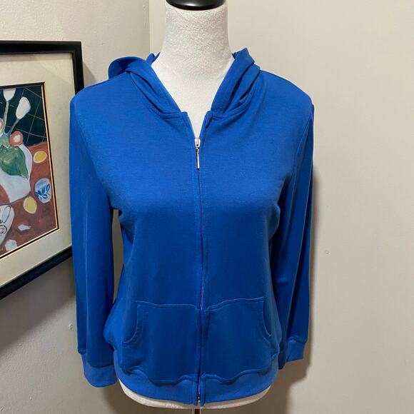 Bright Blue Zip Front Hoodie Size Small Pockets Lightweight Fine Knit Fabric - Picture 1 of 4